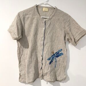 Men's Beige Checkered Shirt with Blue Dragonfly Embroidery